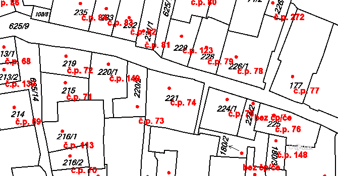 Zámostí 74, Třebíč na parcele st. 221 v KÚ Podklášteří, Katastrální mapa