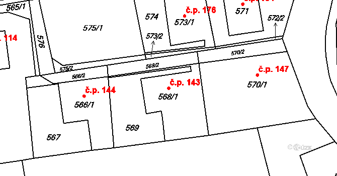 Záblatí 143, Bohumín na parcele st. 568/1 v KÚ Záblatí u Bohumína, Katastrální mapa