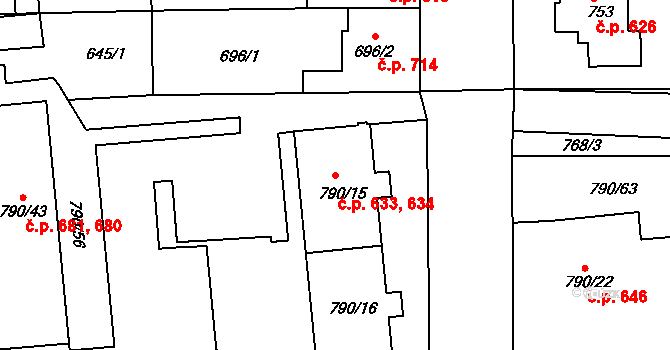Chrlice 633,634, Brno na parcele st. 790/15 v KÚ Chrlice, Katastrální mapa