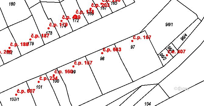 Postoloprty 603 na parcele st. 98 v KÚ Postoloprty, Katastrální mapa