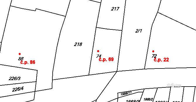 Neplachov 69 na parcele st. 74 v KÚ Neplachov, Katastrální mapa