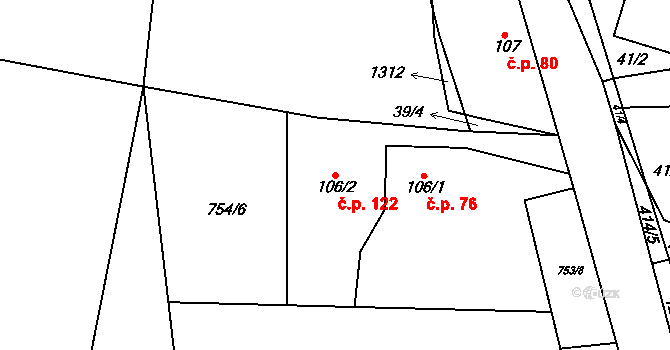 Černovice 122 na parcele st. 106/2 v KÚ Černovice u Kunštátu, Katastrální mapa