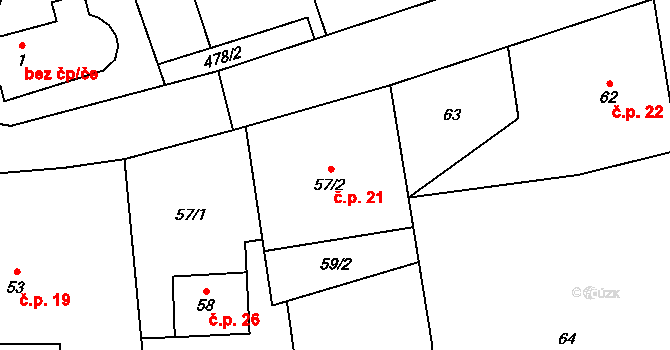 Lysůvky 21, Frýdek-Místek na parcele st. 57/2 v KÚ Lysůvky, Katastrální mapa