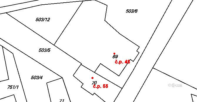 Proruby 48 na parcele st. 69 v KÚ Proruby u Potštejna, Katastrální mapa