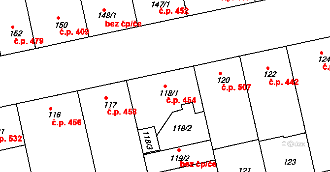 Žižkov 454, Praha na parcele st. 118/1 v KÚ Žižkov, Katastrální mapa