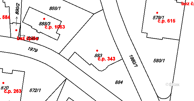 Podolí 343, Praha na parcele st. 883 v KÚ Podolí, Katastrální mapa