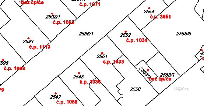 Chomutov 1033 na parcele st. 2551 v KÚ Chomutov I, Katastrální mapa