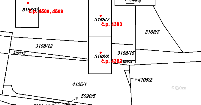 Chomutov 4382 na parcele st. 3168/8 v KÚ Chomutov II, Katastrální mapa
