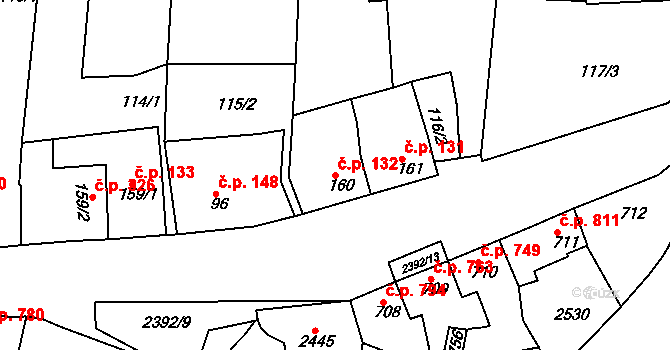Rosice 132 na parcele st. 160 v KÚ Rosice u Brna, Katastrální mapa