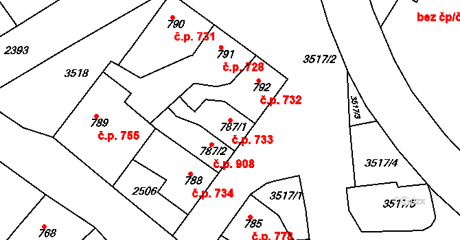 Rosice 733 na parcele st. 787/1 v KÚ Rosice u Brna, Katastrální mapa