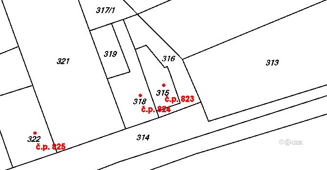 Fryštát 823, Karviná na parcele st. 315 v KÚ Karviná-město, Katastrální mapa
