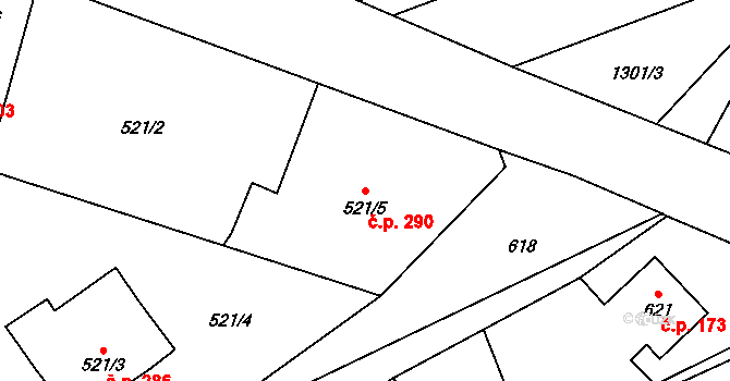 Ráj 290, Karviná na parcele st. 521/5 v KÚ Ráj, Katastrální mapa