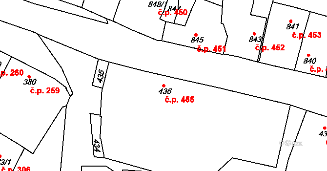 Jemnice 455 na parcele st. 436 v KÚ Jemnice, Katastrální mapa