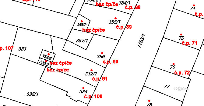 Újezd 90, Plzeň na parcele st. 356 v KÚ Újezd, Katastrální mapa