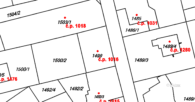Prostřední Suchá 1016, Havířov na parcele st. 1499 v KÚ Prostřední Suchá, Katastrální mapa