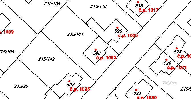 Rudná 1053 na parcele st. 596 v KÚ Hořelice, Katastrální mapa