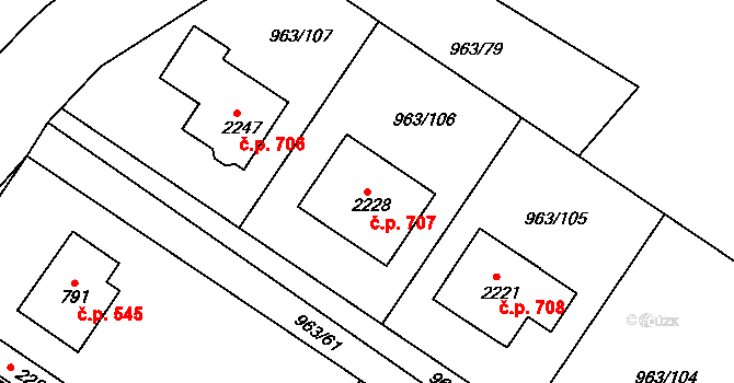 Přibyslav 707 na parcele st. 2228 v KÚ Přibyslav, Katastrální mapa
