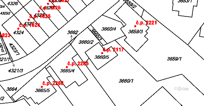 Řečkovice 2117, Brno na parcele st. 3660/5 v KÚ Řečkovice, Katastrální mapa