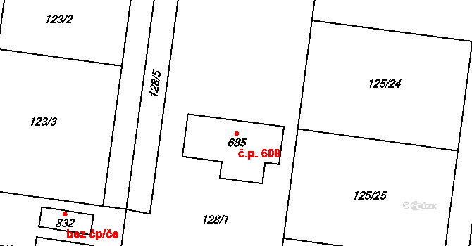 Hovorčovice 608 na parcele st. 685 v KÚ Hovorčovice, Katastrální mapa