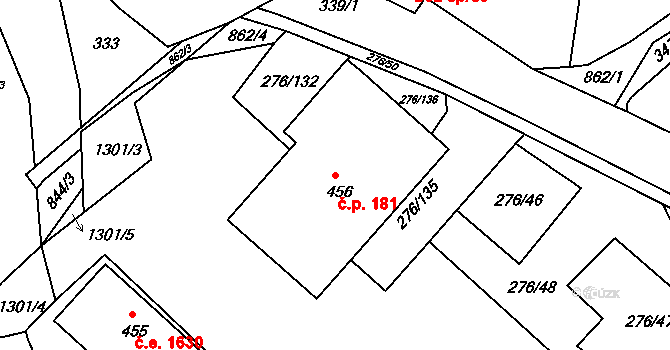Děčín XXVII-Březiny 181, Děčín na parcele st. 456 v KÚ Březiny u Děčína, Katastrální mapa