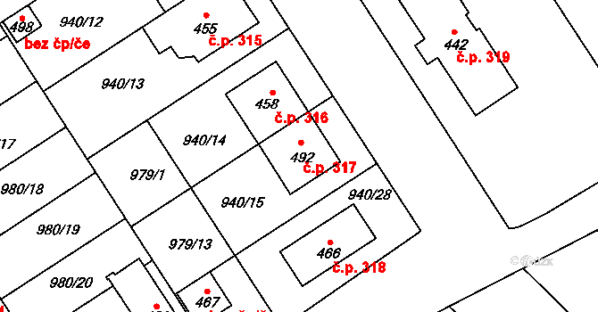 Hostěrádky-Rešov 317 na parcele st. 940/15 v KÚ Hostěrádky, Katastrální mapa