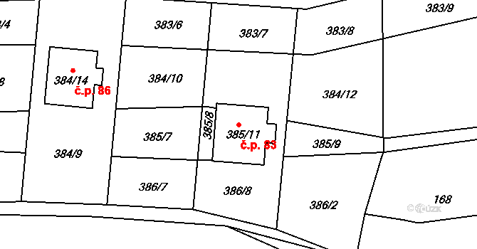 Chrudichromy 83 na parcele st. 385/11 v KÚ Chrudichromy, Katastrální mapa