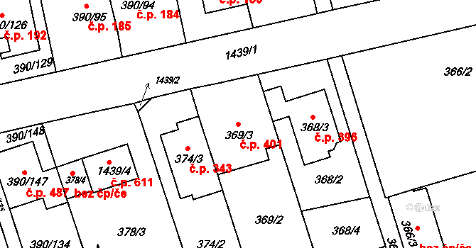 Moravany 401 na parcele st. 369/3 v KÚ Moravany u Brna, Katastrální mapa