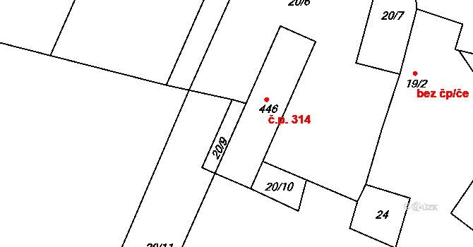 Broumy 314 na parcele st. 446 v KÚ Broumy, Katastrální mapa