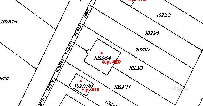 Křelov 420, Křelov-Břuchotín na parcele st. 1023/34 v KÚ Křelov, Katastrální mapa