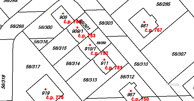 Hovorčovice 752 na parcele st. 910/1 v KÚ Hovorčovice, Katastrální mapa