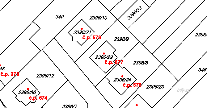 Hrušky 577 na parcele st. 2396/29 v KÚ Hrušky, Katastrální mapa