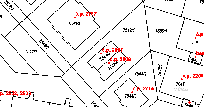 Jižní Předměstí 2907, Plzeň na parcele st. 7543/3 v KÚ Plzeň, Katastrální mapa