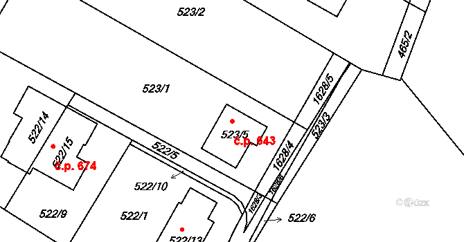 Štípa 643, Zlín na parcele st. 523/5 v KÚ Štípa, Katastrální mapa