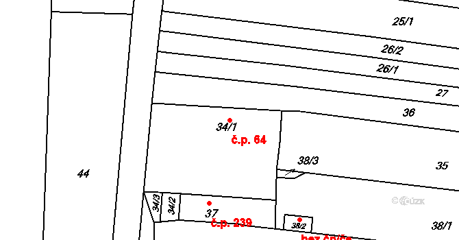 Milešovice 64 na parcele st. 34/1 v KÚ Milešovice, Katastrální mapa