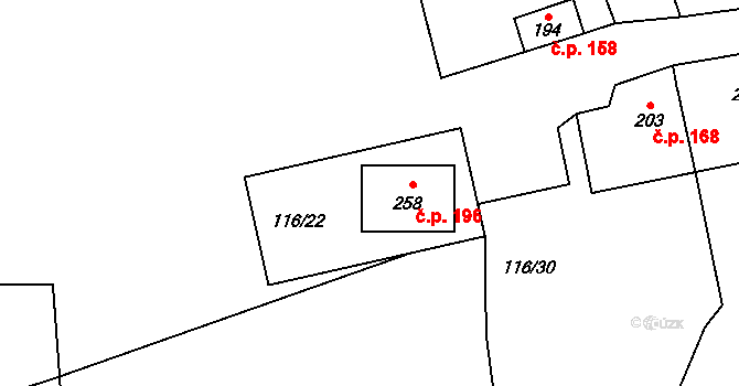 Košíky 196 na parcele st. 258 v KÚ Košíky, Katastrální mapa