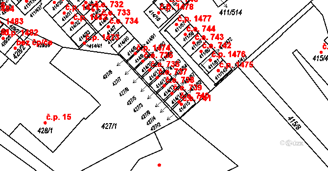 Ráj 738, Karviná na parcele st. 414/12 v KÚ Ráj, Katastrální mapa