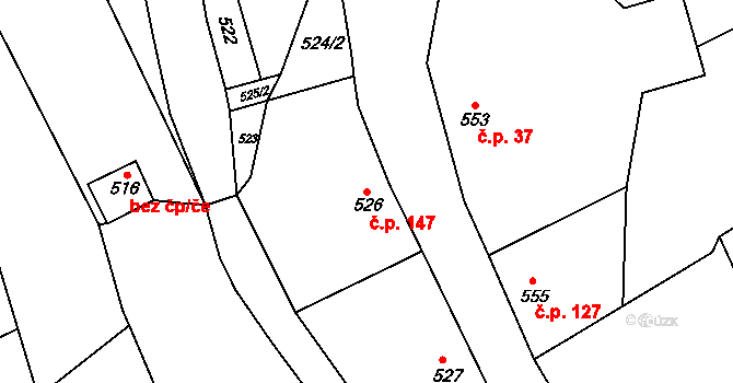 Újezdec 147, Uherský Brod na parcele st. 526 v KÚ Újezdec u Luhačovic, Katastrální mapa