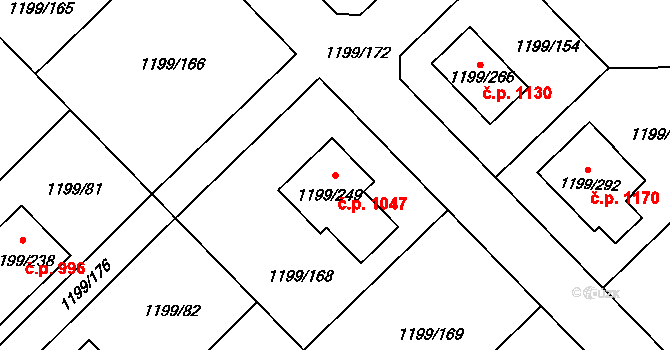 Vejprnice 1047 na parcele st. 1199/249 v KÚ Vejprnice, Katastrální mapa