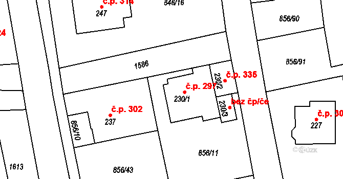 Hanušovice 297 na parcele st. 230/1 v KÚ Hanušovice, Katastrální mapa