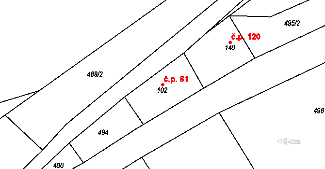 Podlešín 81 na parcele st. 102 v KÚ Podlešín, Katastrální mapa