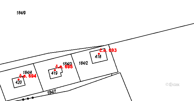 Třebotov 693 na parcele st. 418 v KÚ Třebotov, Katastrální mapa