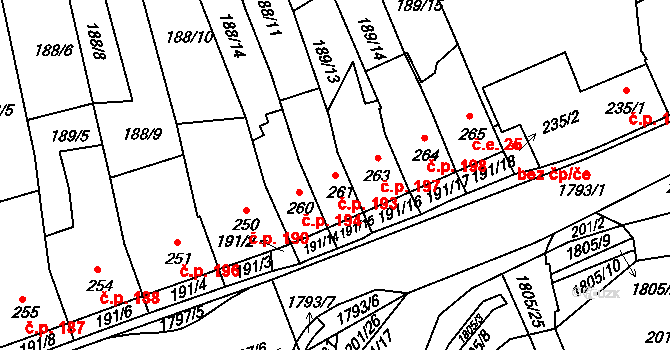 Manětín 193 na parcele st. 261 v KÚ Manětín, Katastrální mapa