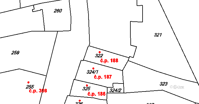 Jakubské Předměstí 188, Jaroměř na parcele st. 322 v KÚ Jaroměř, Katastrální mapa