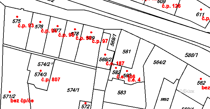 Tuřany 187, Brno na parcele st. 569/2 v KÚ Tuřany, Katastrální mapa