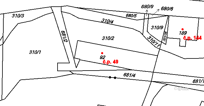 Velký Dřevíč 49, Hronov na parcele st. 92 v KÚ Velký Dřevíč, Katastrální mapa