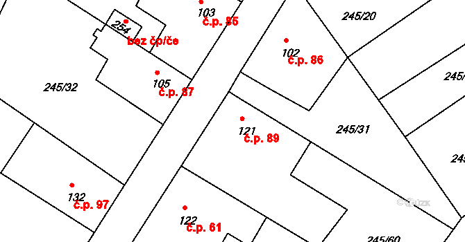 Valy 89 na parcele st. 121 v KÚ Valy nad Labem, Katastrální mapa