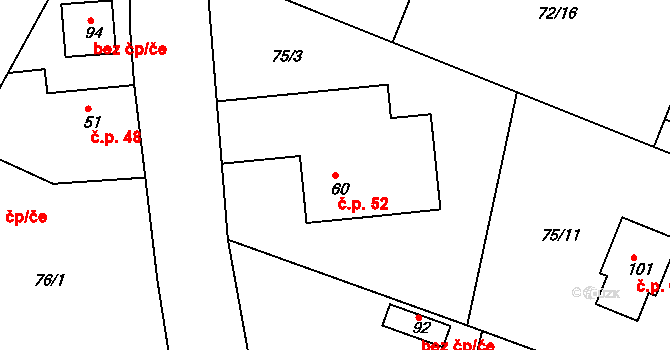 Mělice 52, Přelouč na parcele st. 60 v KÚ Mělice, Katastrální mapa