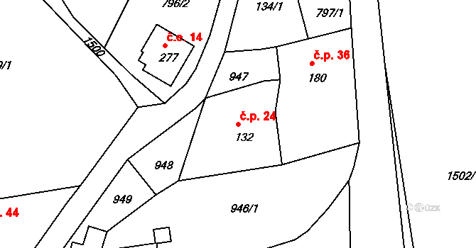 Soutěsky 24, Malá Veleň na parcele st. 132 v KÚ Malá Veleň, Katastrální mapa
