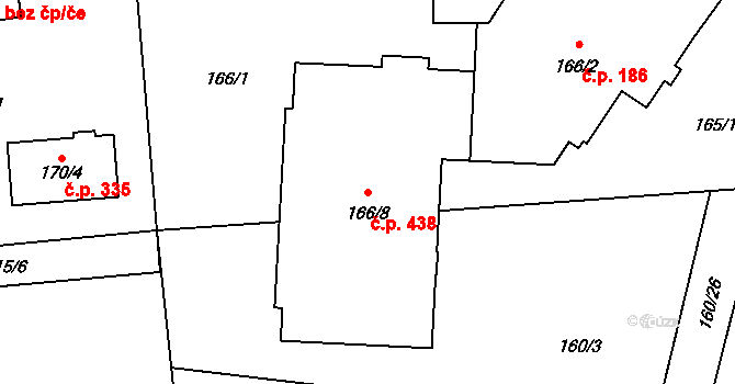 Červený Hrádek 438, Plzeň na parcele st. 166/8 v KÚ Červený Hrádek u Plzně, Katastrální mapa