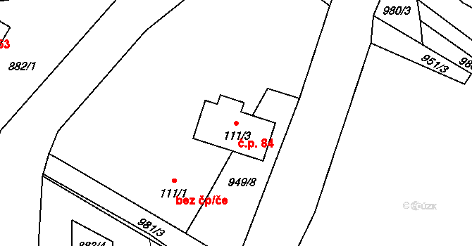 Střížovice 84, Kropáčova Vrutice na parcele st. 111/3 v KÚ Střížovice, Katastrální mapa